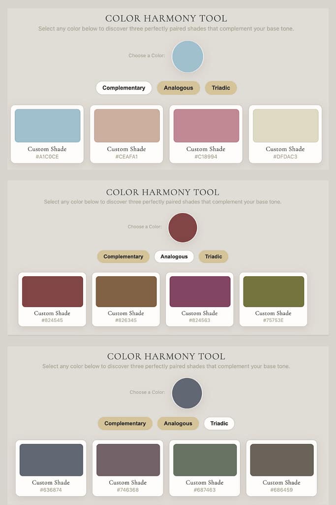 Rust, camel, and navy color palette example for fall outfits created using the wardrobe and color harmony tools.