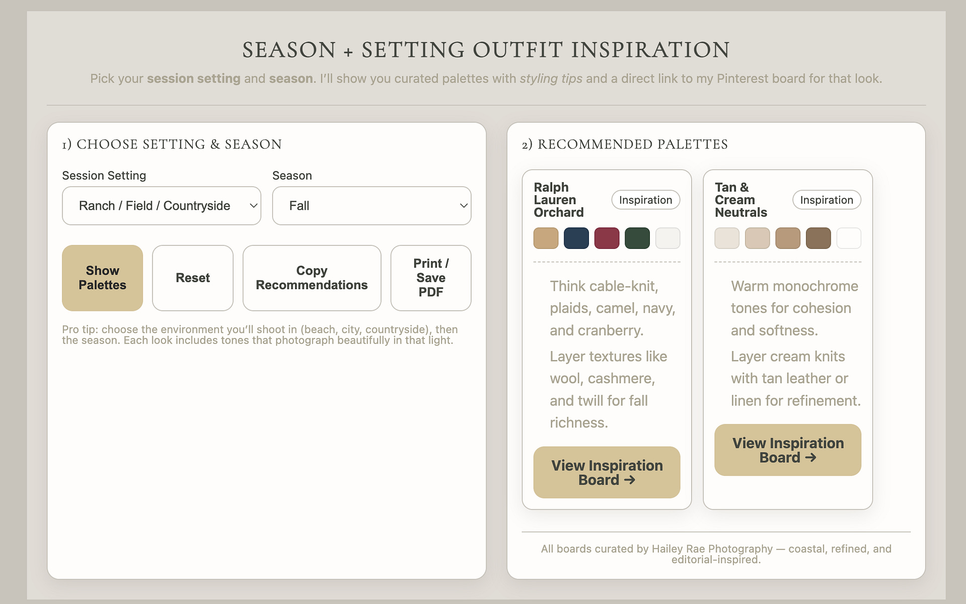 Coordinated family fall portrait outfits in warm earthy tones inspired by Hailey Rae Photography wardrobe tool.