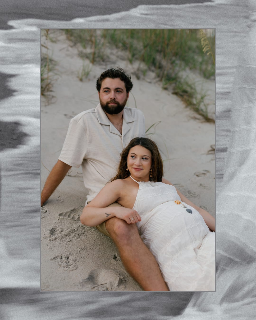 A couple embraces on the beach of Beaufort, North Carolina during their maternity session