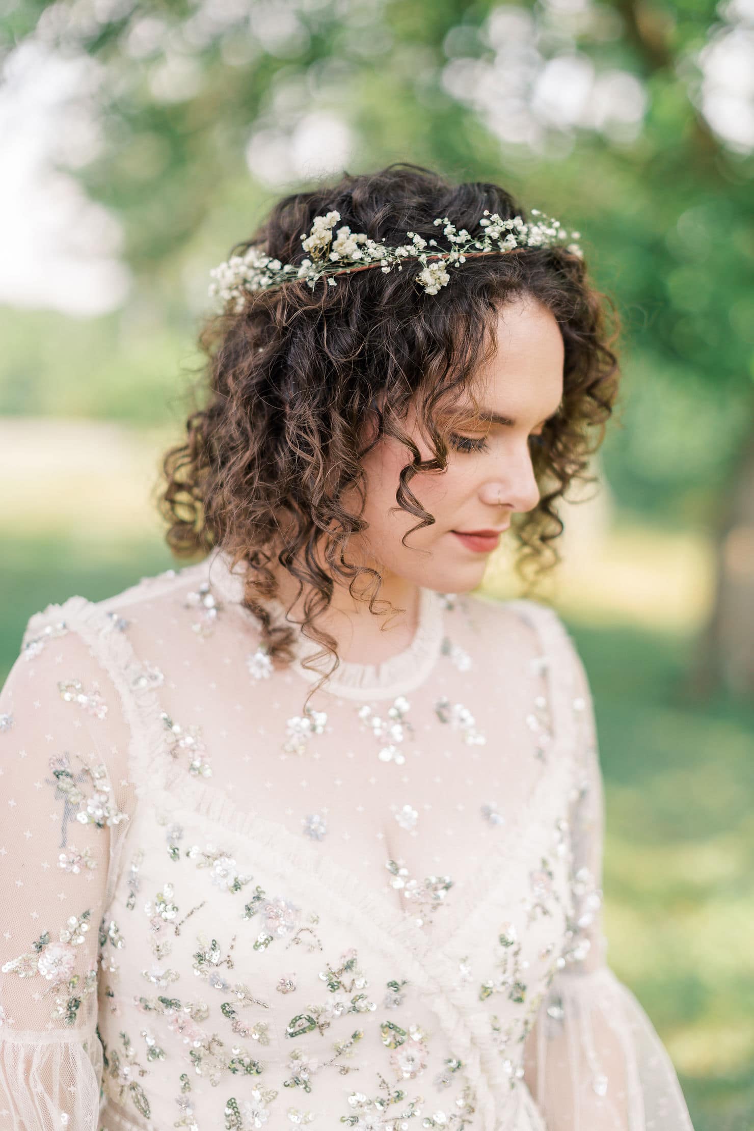 a flower crown of babys breath for the back yard garden style wedding in maryland