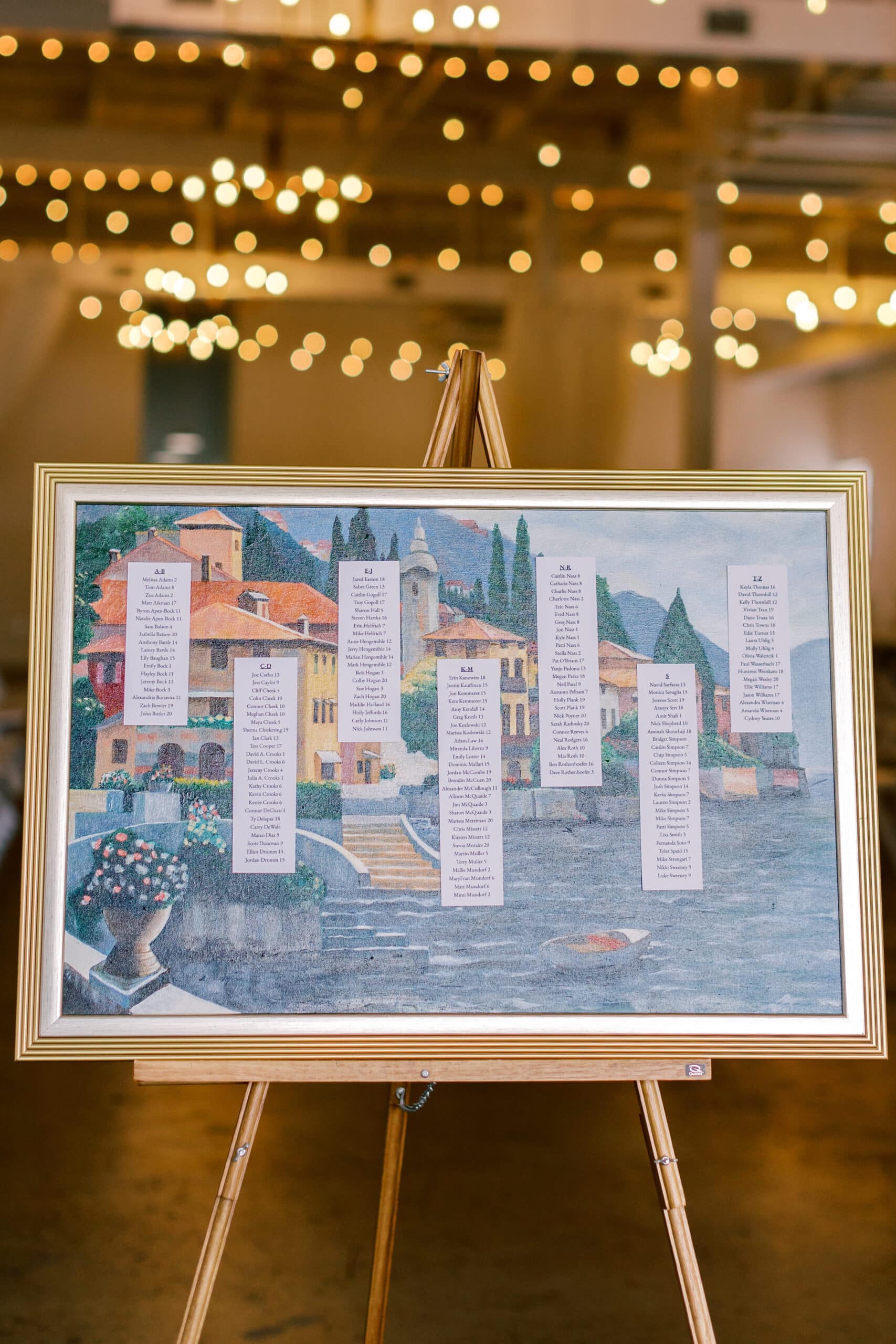 A large oil painting is repurposed at a wedding for the guest seating chart