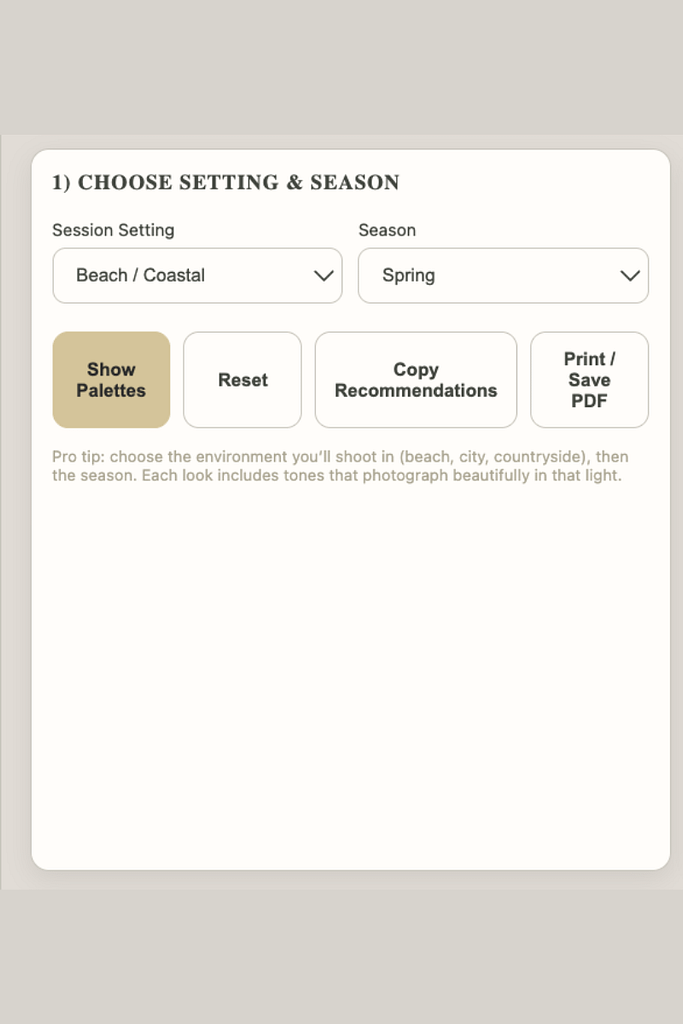 Hailey Rae Photography wardrobe tool showing outfit ideas by season and setting for portraits.