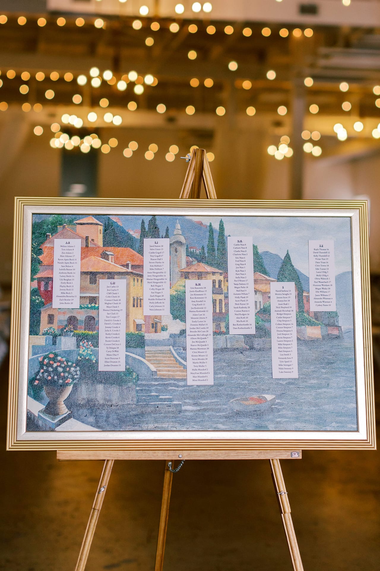 A large oil painting is repurposed at a wedding for the guest seating chart