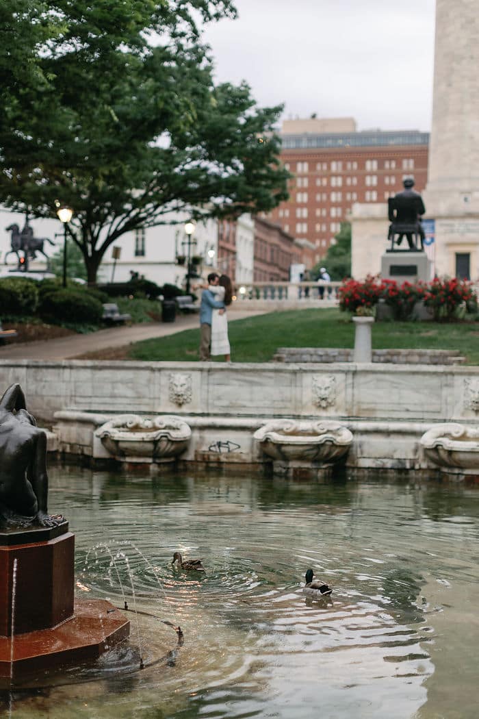 Romantic engagement session, cobblestone streets, Mt. Vernon Baltimore, couple in love, historic landmarks, urban romance