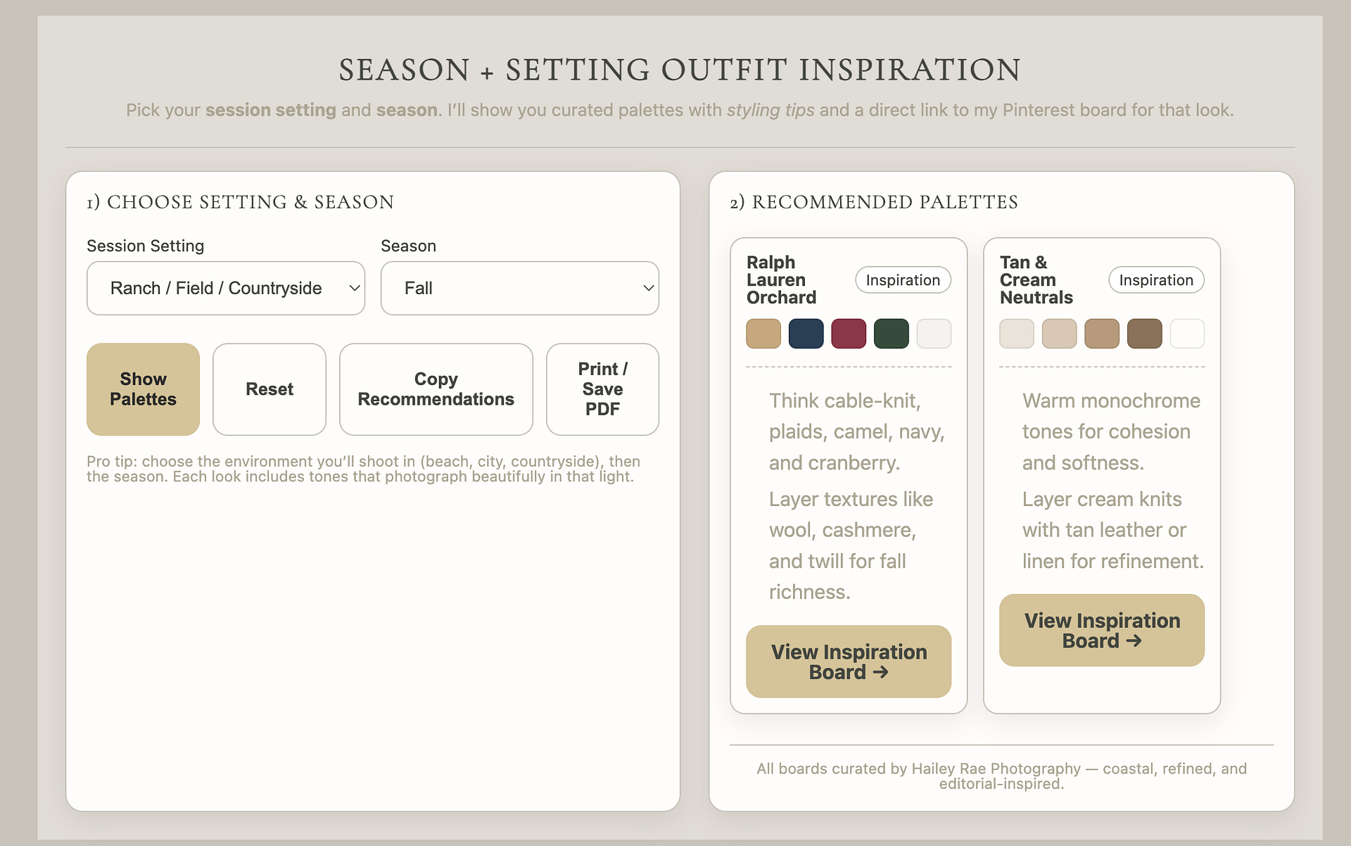Coordinated family fall portrait outfits in warm earthy tones inspired by Hailey Rae Photography wardrobe tool.